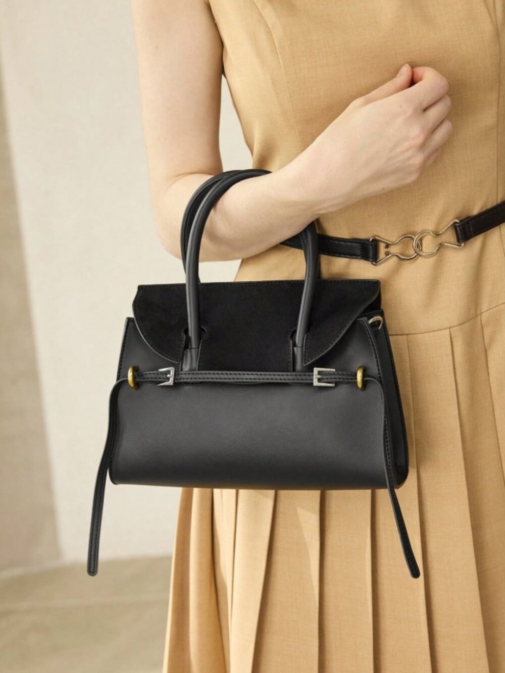 Black Faux Suede Flap Top Handle Bag with Buckle Strap and Tassel Ties